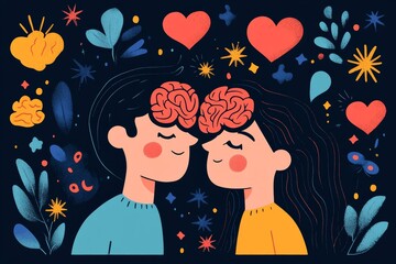 Sticker - Brain cognition Basal ganglia Romantic connection through shared thoughts illustrated by two people with flowers blooming from their brains surrounded by hearts and nature