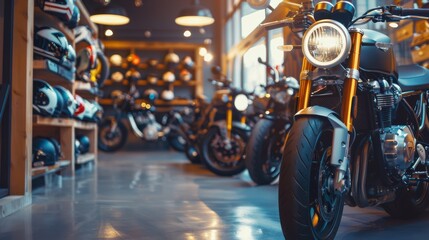 Motorcycle showroom showcasing sleek, polished bikes under warm lighting, inviting enthusiasts to explore and admire.