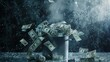 © VK Studio - A surreal scene of dollar bills explosively emerging from a cooking pot amidst a dramatic, rain-soaked backdrop, creating a captivating visual.