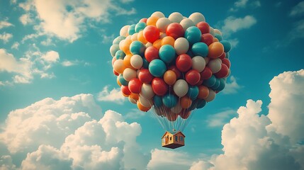 Canvas Print - A small house attached to a large cluster of colorful balloons floats in the sky.