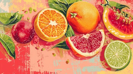 A colorful illustration featuring an assortment of fresh fruits, including oranges, grapefruit, lime, and plums, against an artistic backdrop. The vibrant colors and intricate details create a