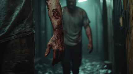 A man with a bloody hand is walking down a hallway