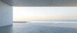 © AImmersive Imagery - Empty gray concrete floor in minimalist architecture 3D rendering of an abstract white structure with a backdrop of beach and sea