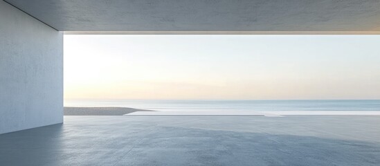 Leinwandbilder - Empty gray concrete floor in minimalist architecture 3D rendering of an abstract white structure with a backdrop of beach and sea