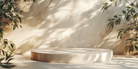 Poster - Product showcase podium featuring a marble backdrop and leaf shadows 3D visualization render 3D illustration