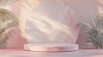 Poster - Pink stone podium with an abstract geometric backdrop Circular pedestal for showcasing cosmetic products Minimalist mockup scene and concept template 3D render