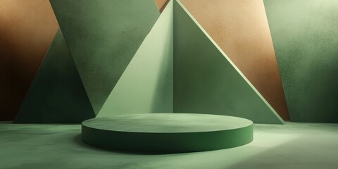 Aufkleber - Abstract background in green and brown tones featuring triangular shapes and a pedestal in a 3D rendered illustration