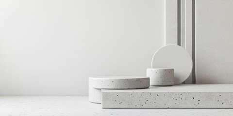 Poster - Minimal abstract scene featuring geometric concrete pedestals against a white background designed for cosmetic product presentation Empty mock up space for 3D rendering