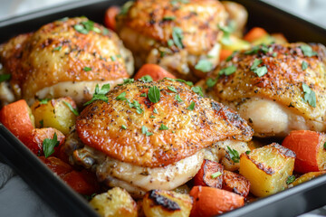 Wall Mural - Juicy roasted chicken thighs with crispy skin served on a bed of colorful vegetables.