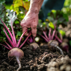 Wall Mural - Farmer holds bunch fresh beets with lush leaves. Healthy organic food, vegetables, agriculture