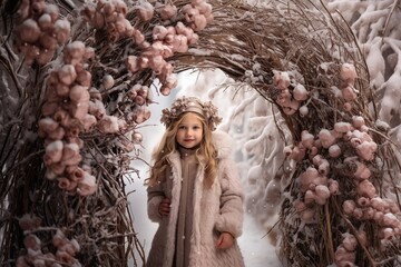 A young girl in a winter wonderland wearing a cozy coat and floral crown surrounded by snowy trees