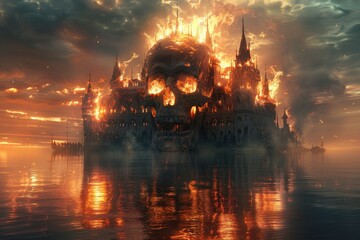 Wall Mural - A skull is on top of a castle that is on fire