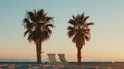 Two palm trees frame a pair of white wooden beach chairs facing a tranquil ocean at sunset, capturing a moment of serene coastal bliss.