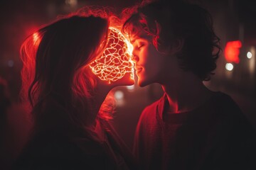 Sticker - Cognitive studies Neurotransmission Intense and emotional image of a couple with glowing red brains symbolizing passionate mental and emotional connection