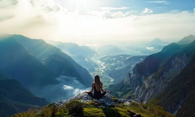 Canvas Print - Woman practicing yoga on a peaceful mountaintop overlooking a valley, Video