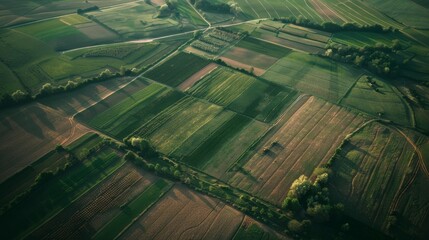 An expansive, lush agricultural landscape viewed from above, revealing a patchwork of varying crops and fields.