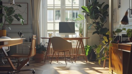 Sticker - A stylish home office features a cozy seating area, abundant natural light, and vibrant greenery, evoking an inviting and productive environment.