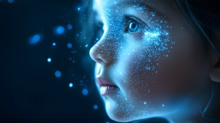 Canvas Print - Child s Face With Blue Glowing Particles