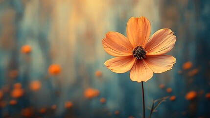 Wall Mural - A single orange cosmos flower stands out against a blurred background of other cosmos flowers in a field.