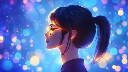 Wall Mural - Anime Girl with Glasses and Bokeh Lights