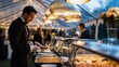 © Irina Ukrainets - An elegant outdoor buffet during a festive event. Guests enjoy delicious dishes under stylish lighting. The atmosphere is warm and inviting. Ideal for party planning and catering inspiration. AI
