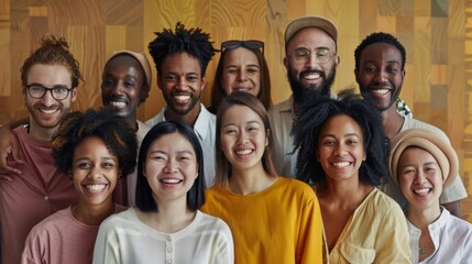 Wall Mural - A diverse group of people stands together indoors, smiling brightly at the camera, embodying unity and togetherness.