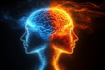 Poster - Brain science Neural circuit Fiery dual brain profile symbolizing intellectual passion creativity and dynamic cognitive exchange between two individuals