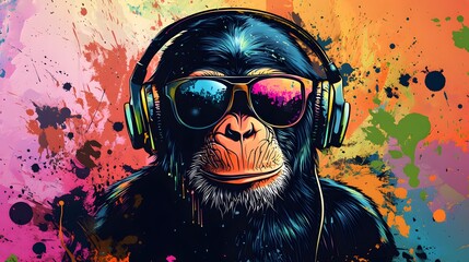 Sticker - Cool Chimpanzee Listening to Music with Headphones and Sunglasses