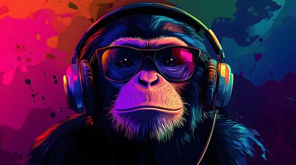 Wall Mural - Cool Chimpanzee Listening to Music with Headphones and Sunglasses