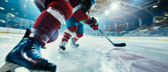 Professional hockey tournament, players at the ice rink arena playing in hockey. Sportsman in motion. Hockey, active dynamic competition at ice stadium. Winter sport match. Generative ai