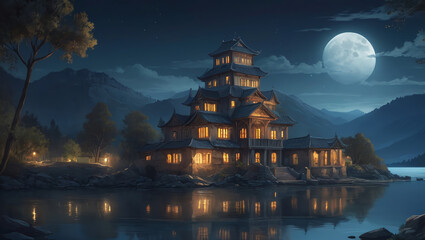 illustration of an ancient building by the lake at night