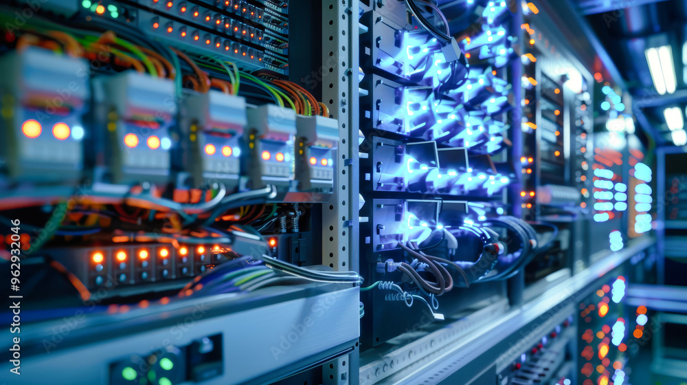 Brightly lit control cabinet showcases intricate wiring and responsive panels, designed for seamless network connections and efficient system management