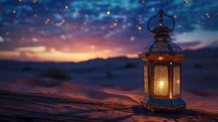 A lit candle inside a glass lantern against a beautiful sunset with lights of distant stars and a si