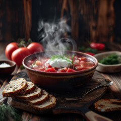 Warm earthenware bowl of beetroot soup, borsch visible swirl steaming cream. Culinary preparation