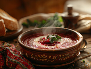 Warm earthenware bowl of beetroot soup, borsch visible swirl steaming cream. Culinary preparation