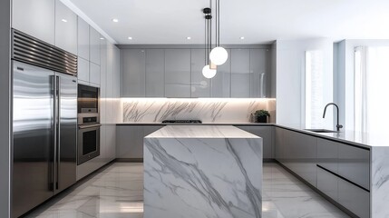 Wall Mural - A modern kitchen with high-gloss cabinets, a marble island with waterfall edges