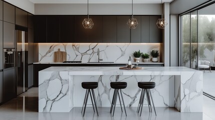 Wall Mural - A modern kitchen with high-gloss cabinets, a marble island with waterfall edges