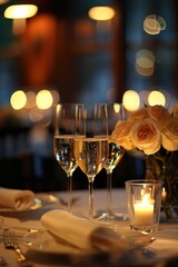 Wall Mural - A table with two champagne glasses and a bouquet of flowers