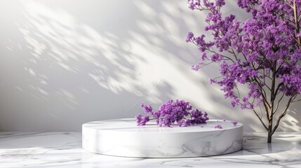 Sticker - White marble podium with purple flowers for cosmetic exhibition branding.