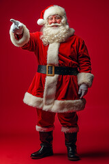 Poster - A man dressed as Santa Claus pointing at something