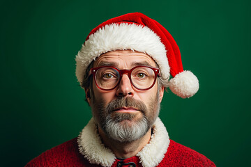 Canvas Print - A man wearing a santa hat and glasses looking at the camera