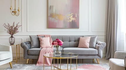 Sticker - Grey couch with pink throw under print in white apartment with armchair and gold table. Actual image