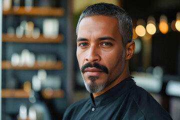 Wall Mural - A man with a beard and mustache standing in a barber shop.