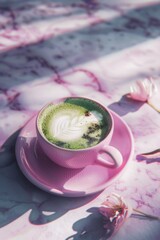 Wall Mural - A pink cup with green foam on top sits on a pink plate. The cup is filled with a green drink, and there are flowers on the table. Concept of calm and relaxation