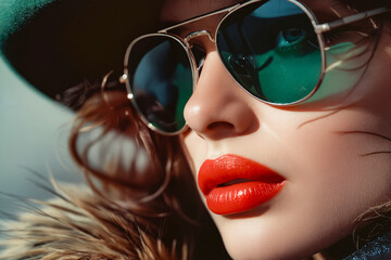 Canvas Print - A woman wearing a hat and sunglasses with red lipstick.