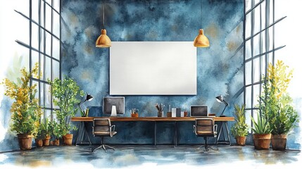 Wall Mural - A contemporary workspace illustrating personal brand growth alongside startup funding and content creation efforts The scene includes a blank wall