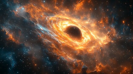 Wall Mural - A swirling black hole surrounded by bright orange and blue nebulae, surrounded by stars.