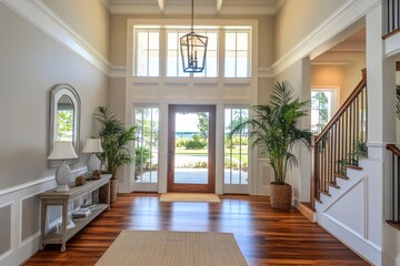 Interior Front Door. Luxurious Entranceway in Coastal Colors with Hanging Light Fixture and Entry Way Table