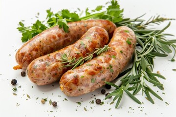 Freshly cooked sausages with green herbs on a white background