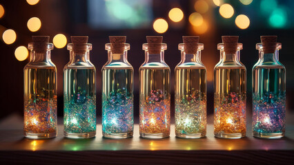 Transparent bottles with kaleidoscopic sparkling bottoms